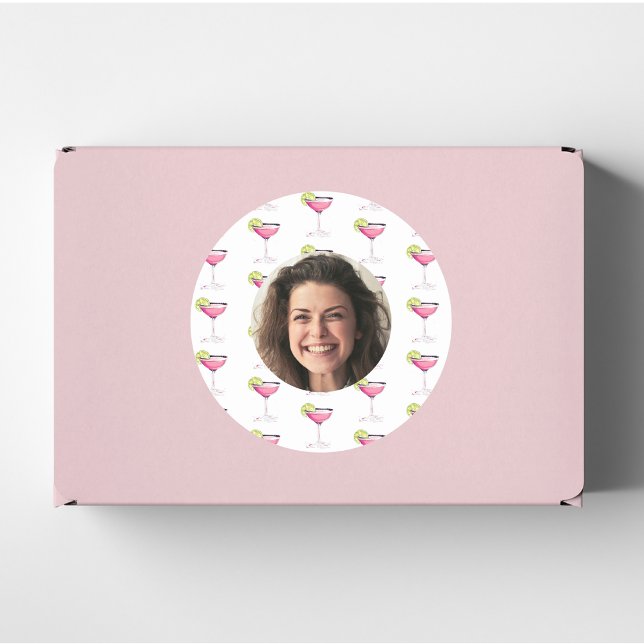 Custom Photo Face & Cocktail | Personalized Pink F Classic Round Sticker (Creator Uploaded)