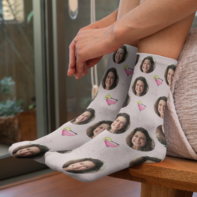 Custom Photo Face & Cocktail | Personalized Pink Socks (Creator Uploaded)