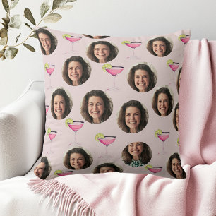 Custom Photo Face & Cocktail   Personalized Pink  Throw Pillow