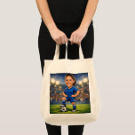 Custom Photo-Face Soccer/Football Star Caricature  Tote Bag<br><div class="desc">Two Designs in One: The Ultimate Personalized Soccer Fan Tote Bag! Double the style and double the spirit with our customizable soccer caricature tote bag. This versatile bag is a game-changer, featuring two distinct designs to match your mood. On one side, you’ll find a vibrant, high-energy soccer caricature of a...</div>