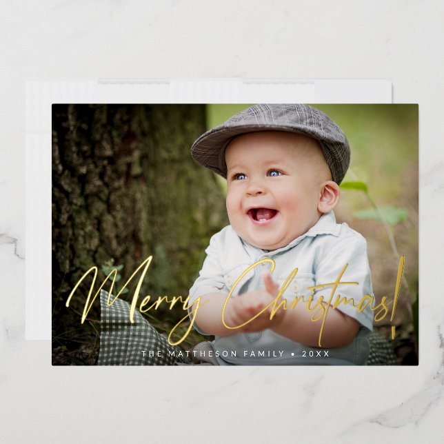 Custom Photo family Merry Christmas Script Gold Foil Holiday Card (Envelope)