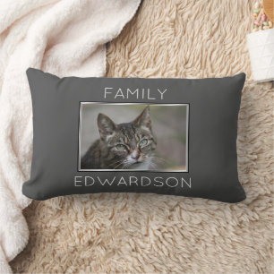 Custom photo family monogram name grey lumbar pillow