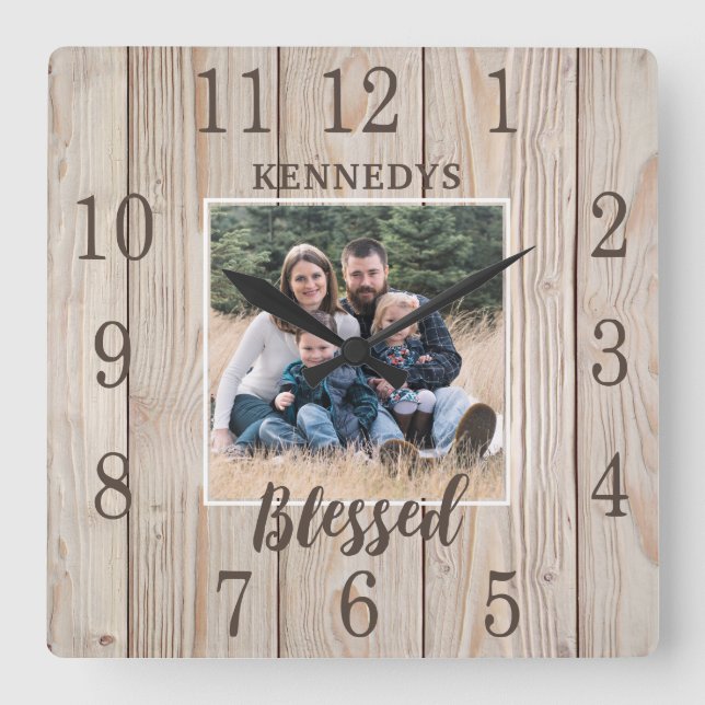 Custom Photo Family Name Rustic Wood Farmhouse  Square Wall Clock (Front)