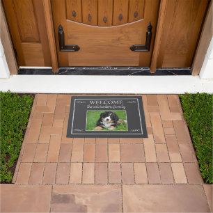 Custom photo family name welcome script rustic doormat