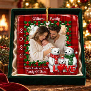 Custom Photo Family of Three First Christmas Ceramic Ornament