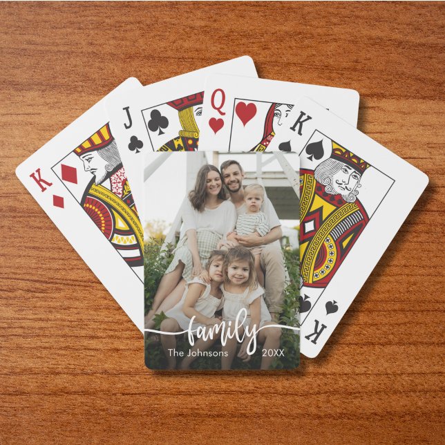 Custom Photo Family Script Personalized Playing Cards (Custom Family Photo Script Personalized Poker Cards with Family Name, Date, Script Calligraphy.)