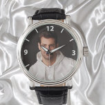 Custom photo father white numbers watch<br><div class="desc">Template for your own photo of the best father,  dad in the world.  White numbers.</div>