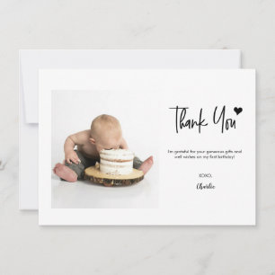 Custom Photo First Birthday Modern handlettering  Thank You Card