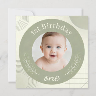 Custom Photo First Birthday - Personalized Sage  Invitation