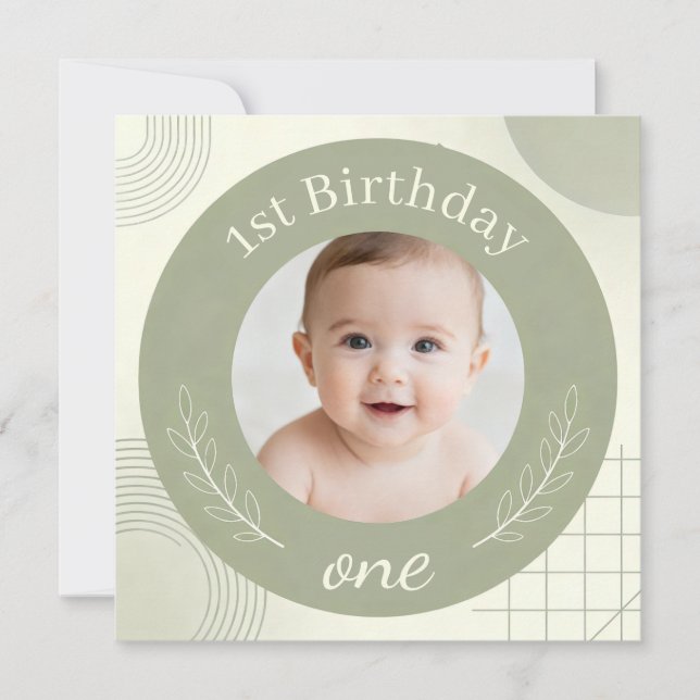 Custom Photo First Birthday - Personalized Sage  Invitation (Front)