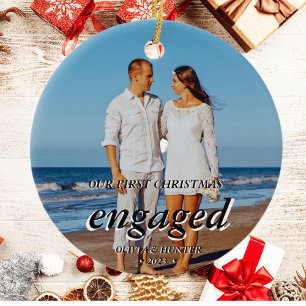 Custom Photo First Christmas Engaged Black Script Ceramic Ornament