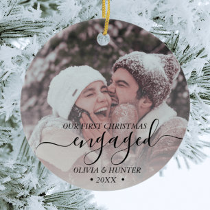 Custom Photo First Christmas Engaged Black Script Ceramic Ornament