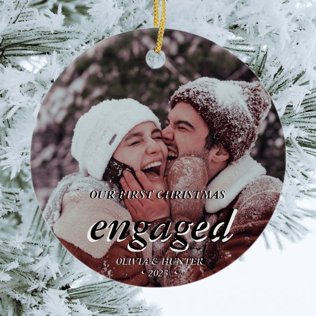 Custom Photo First Christmas Engaged Black Script Ceramic Ornament (Creator Uploaded)