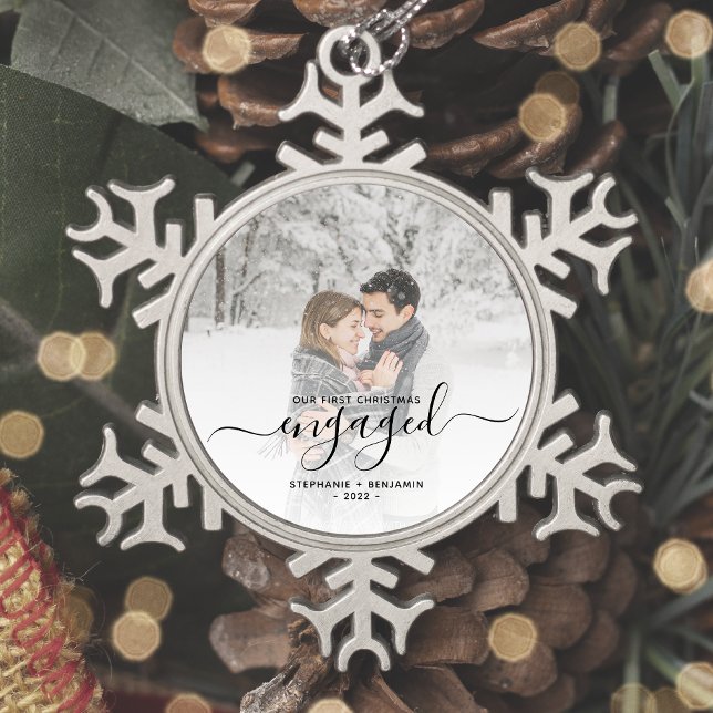 Custom Photo First Christmas Engaged Black Script Snowflake Pewter Christmas Ornament (Creator Uploaded)