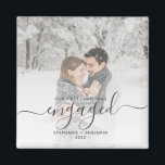 Custom Photo First Christmas Engaged Grey Script Magnet<br><div class="desc">Commemorate your engagement with this modern keepsake magnet. The grey text reads "Our first Christmas engaged, " with the word "engaged" in whimsical handwriting script with flourishes before and after. Replace the sample image with your favourite photo, and add your names and the year. A white gradient filter helps make...</div>