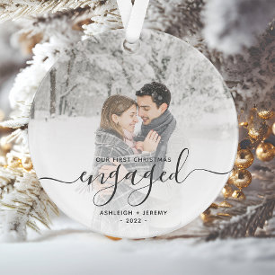 Custom Photo First Christmas Engaged Grey Script Ornament