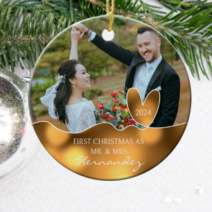 Custom Photo First Christmas Gold Ceramic Ornament