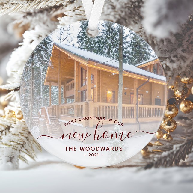 Custom Photo First Christmas New Home Red Script Ornament (Creator Uploaded)