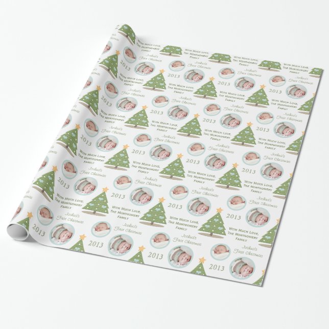 Custom Photo First Christmas Tree Blue Heart Wrapping Paper (Unrolled)