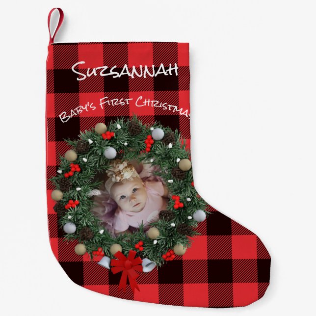 Custom Photo First Christmas Wreath Name Template Small Christmas Stocking (Front)