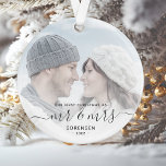 Custom Photo First Married Christmas Grey Script Ornament<br><div class="desc">Commemorate the first Christmas of your marriage with this beautiful modern keepsake ornament. The grey text reads "Our first Christmas as Mr & Mrs, " with the words "Mr & Mrs" in elegant handwriting script with flourishes before and after. Replace the sample image with your favourite photo, and add your...</div>