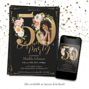 Custom Photo Floral Boho 50th Birthday Invitation