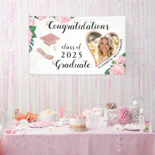 Custom Photo Floral White and Pink Graduation Banner