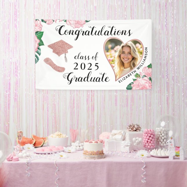 Custom Photo Floral White and Pink Graduation Banner (Party)