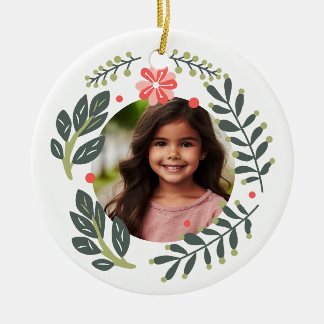 Custom Photo Floral Wreath Flower Frame Ceramic Ornament (Front)