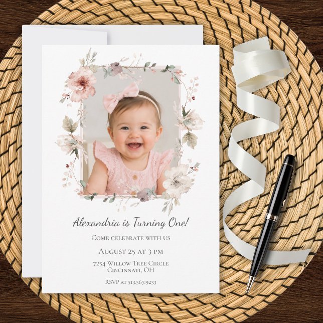 Custom Photo Flower Frame First Birthday Party  Invitation (Creator Uploaded)