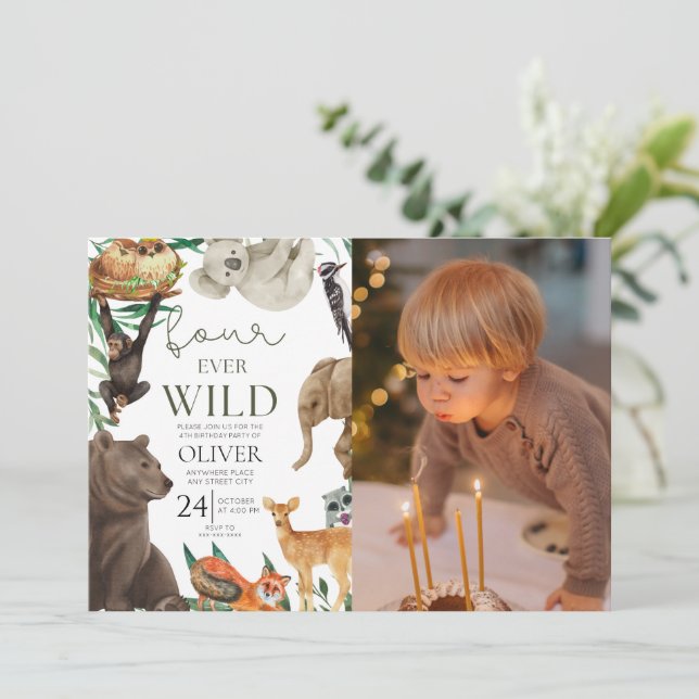 Custom photo, Four ever wild safari 4th birthday  Invitation (Standing Front)