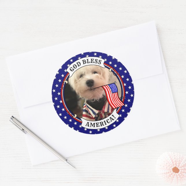 Custom Photo Frame USA American Flag Patriotic Fun Classic Round Sticker (Envelope)