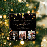 Custom photo friends birthday black gold stars ceramic ornament<br><div class="desc">A gift from friends for a woman's 21st birthday, celebrating her life with 3 of your photos of her, her friends, family, interest or pets. Personalize and add her name, age 21 and your names. Golden coloured letters. A chic, classic black background. Her name is written with a modern hand...</div>