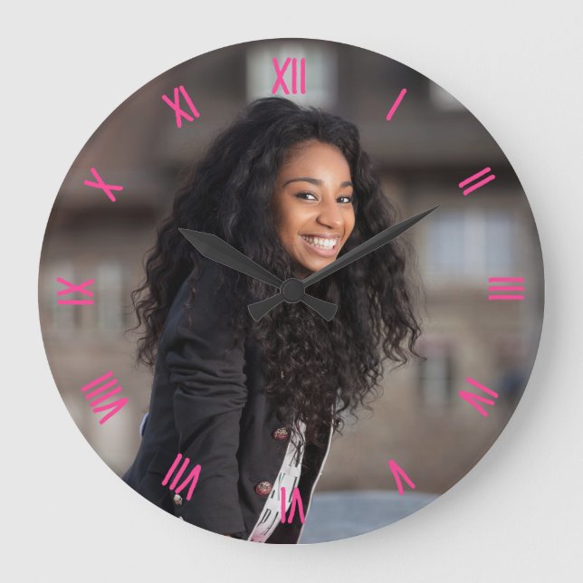 Custom Photo Fuchsia Pink Roman Numerals Large Clock (Front)