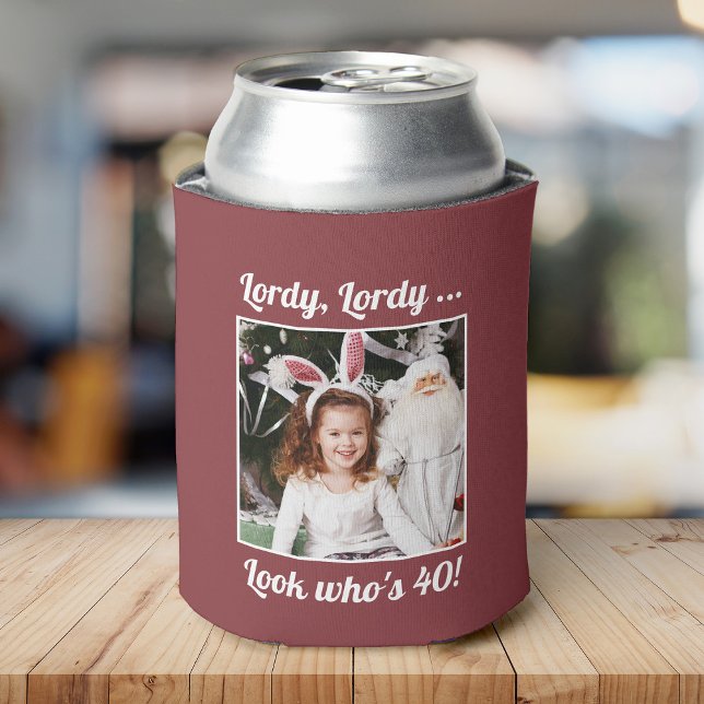 Custom Photo Fun Cool 40th Birthday Red Maroon Can Cooler (Creator Uploaded)