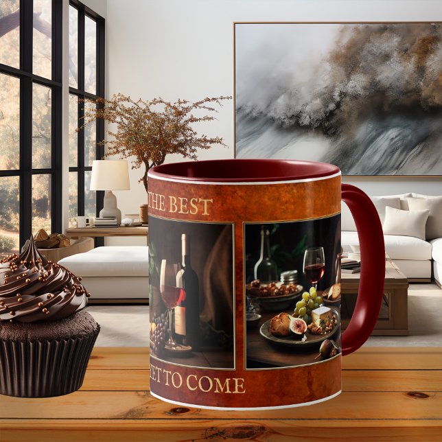Custom Photo Fun Wine Theme  Mug (Photo mug showing 3 paintings with a wine theme (or your photos) framed by a grunge burgundy design)