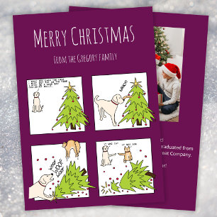 Custom Photo Funny Cat Dog Cartoon Purple Holiday Card