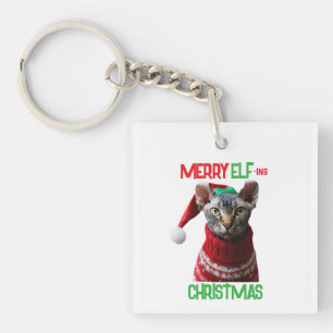 Custom Photo Funny Elf Sphynx Swear Cat Christmas  Keychain