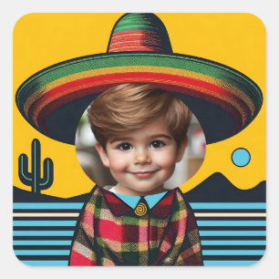 Custom Photo Funny Sombrero Fiesta Birthday Party Square Sticker