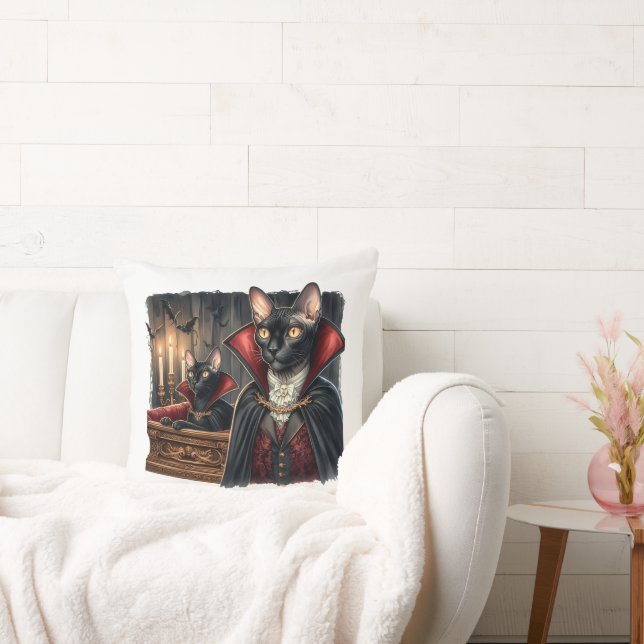 Custom Photo Funny Sphynx Cat Art Dracula Vampire Throw Pillow (Couch)
