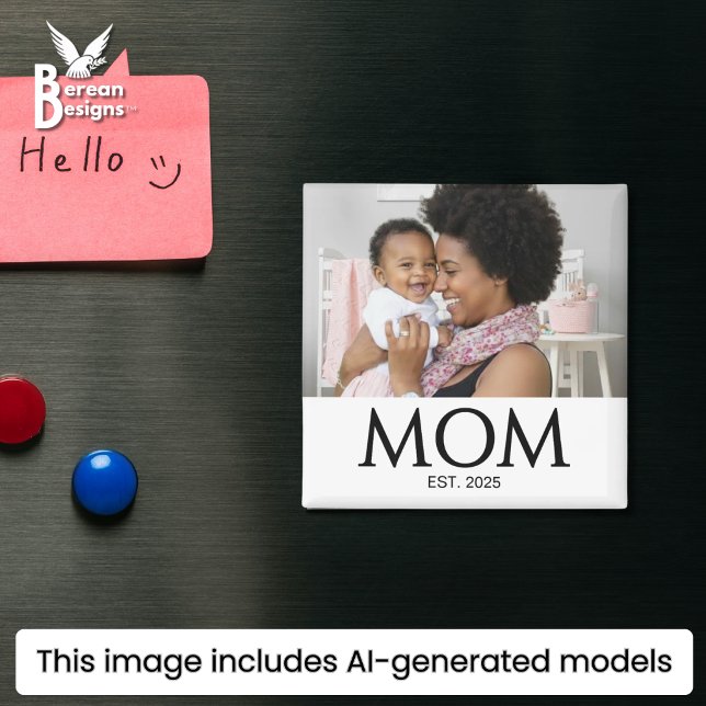 Custom Photo Gift Mom Established Magnet (Stylish MOM ESTABLISHED photo magnet with custom photo & text. Ideal Mother's day favor gift)