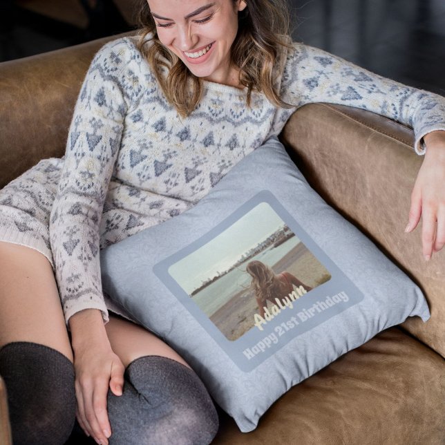 Custom Photo Gifts for 21 Year Old Female Blue Throw Pillow (Gifts for 21 Year Old Female)