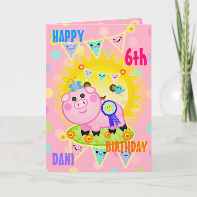 Custom Photo Gilr's Pig Birthday Card (Front)