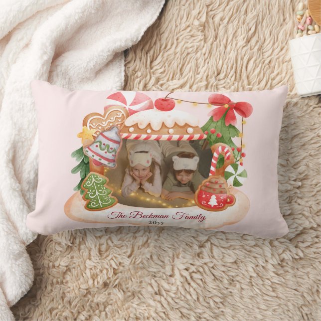 Custom Photo Gingerbread House Christmas Lumbar Pillow (Blanket)