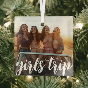 Custom Photo Girls Trip Friends Weekend Getaway Glass Ornament