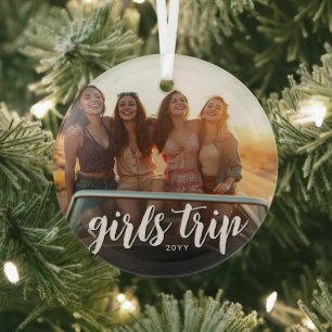 Custom Photo Girls Trip Friends Weekend Getaway Glass Ornament