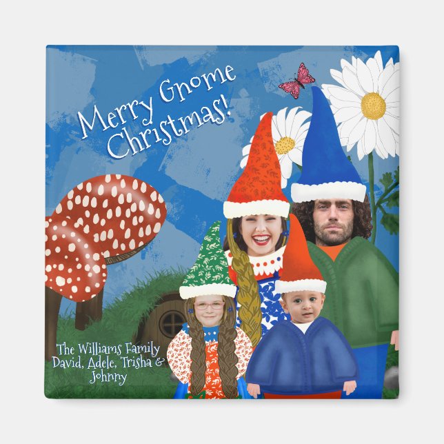 Custom Photo Gnome Family Merry Christmas Magnet (Front)