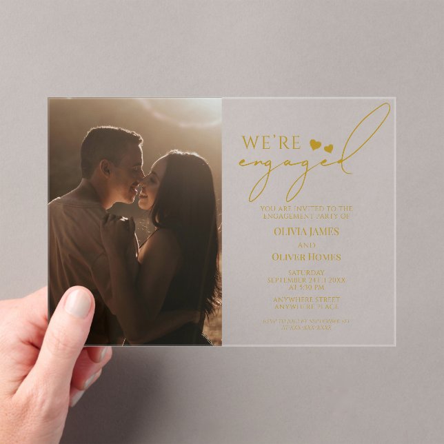 Custom photo, gold acrylic engagement party invitations (Insitu (Handheld))