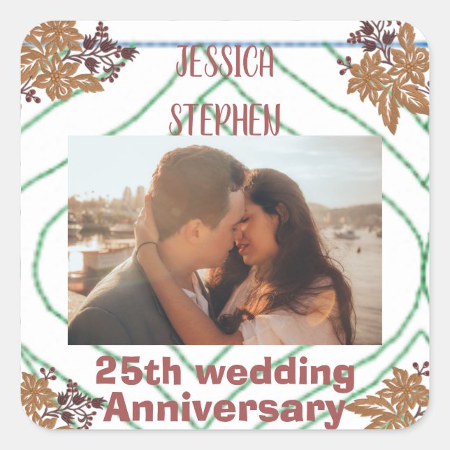 Custom photo ,gold floral 25th wedding anniversary square sticker (Front)