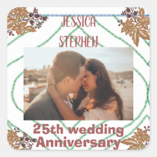 Custom photo ,gold floral 25th wedding anniversary square sticker